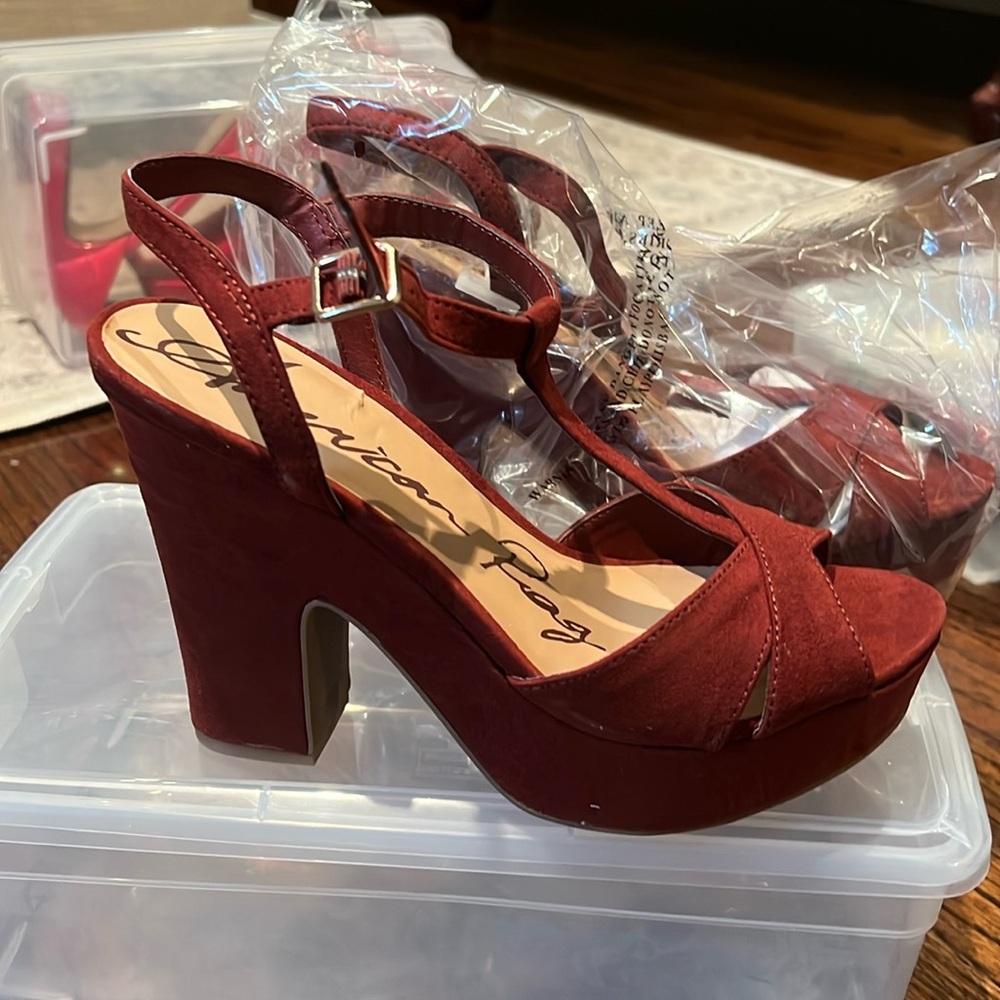 Burgundy suede Wedges American Rag Sz 8. Never worn. Still packaged Never worn